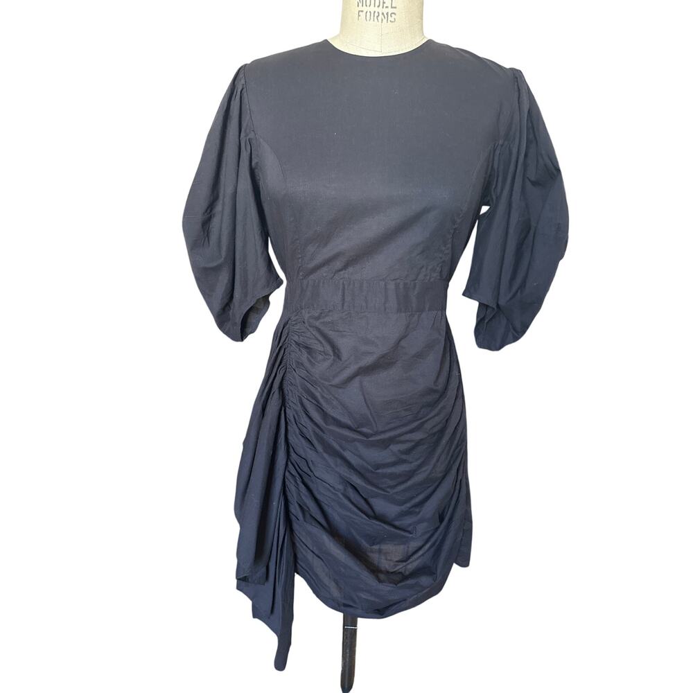 RHODE Pia Mini Dress w/ Puff Sleeves & Ruffle Trim in Black Size Medium